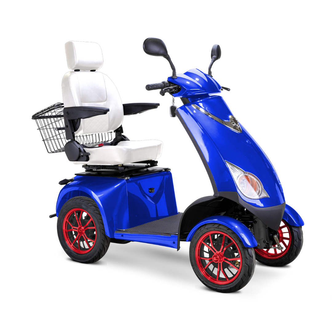 The Bespoke Platinum Recreational 4-Wheel Scooter with Electric Brake Assist, featuring a blue frame, white cushioned seat, armrests, rear metal basket, red wheels, and high-performance motor, is displayed on a white background.
